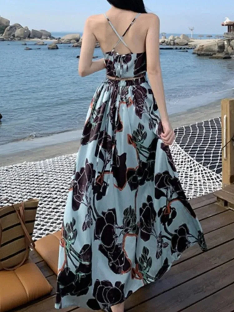 Aiertu Spaghetti Strap Elegant Women Summer Dress Sleeveless Casual A-Line Print Midi Beach Holiday Dresses Female Vestidos Long Robe