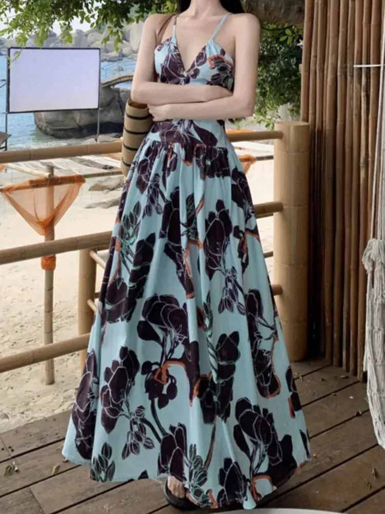 Aiertu Spaghetti Strap Elegant Women Summer Dress Sleeveless Casual A-Line Print Midi Beach Holiday Dresses Female Vestidos Long Robe