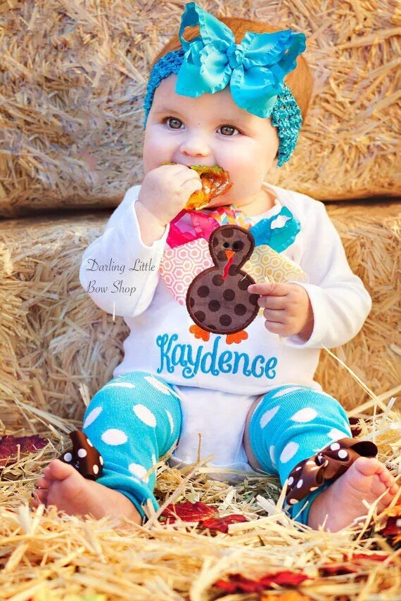 Baby Girl Thanksgiving Outfit, Color Pop Turkey, bodysuit, bow/headband and leg warmers