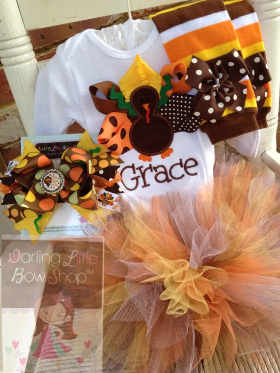 Baby Girl Thanksgiving Outfit -- Pretty Little Turkey -- bodysuit and leg warmers
