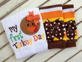 Baby Girl Thanksgiving Outfit with Bodysuit and leg warmers -- My First Turkey Day