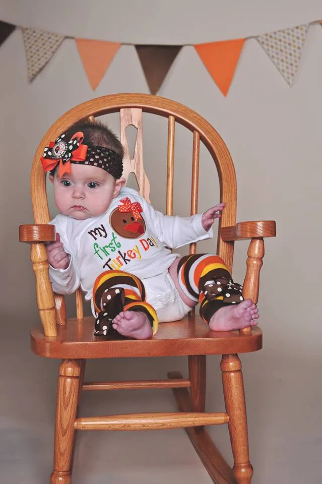 Baby Girl Thanksgiving Outfit with Bodysuit and leg warmers -- My First Turkey Day