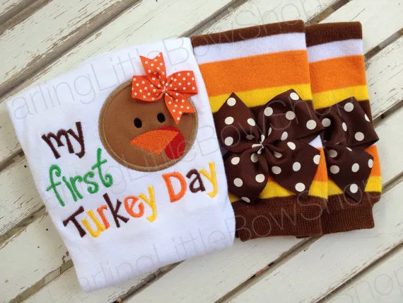 Baby Girl Thanksgiving Outfit with Bodysuit and leg warmers -- My First Turkey Day