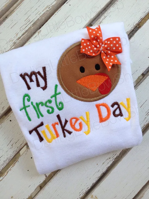 Baby Girl Thanksgiving Outfit with Bodysuit and leg warmers -- My First Turkey Day