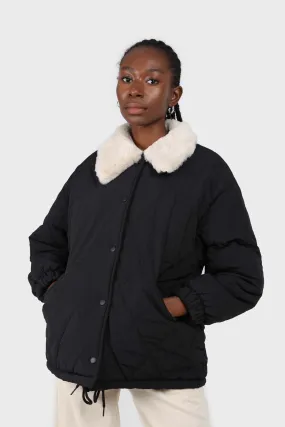 Black and ivory fuzzy pointed collar quilted jacket