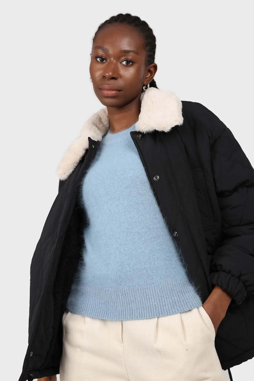 Black and ivory fuzzy pointed collar quilted jacket