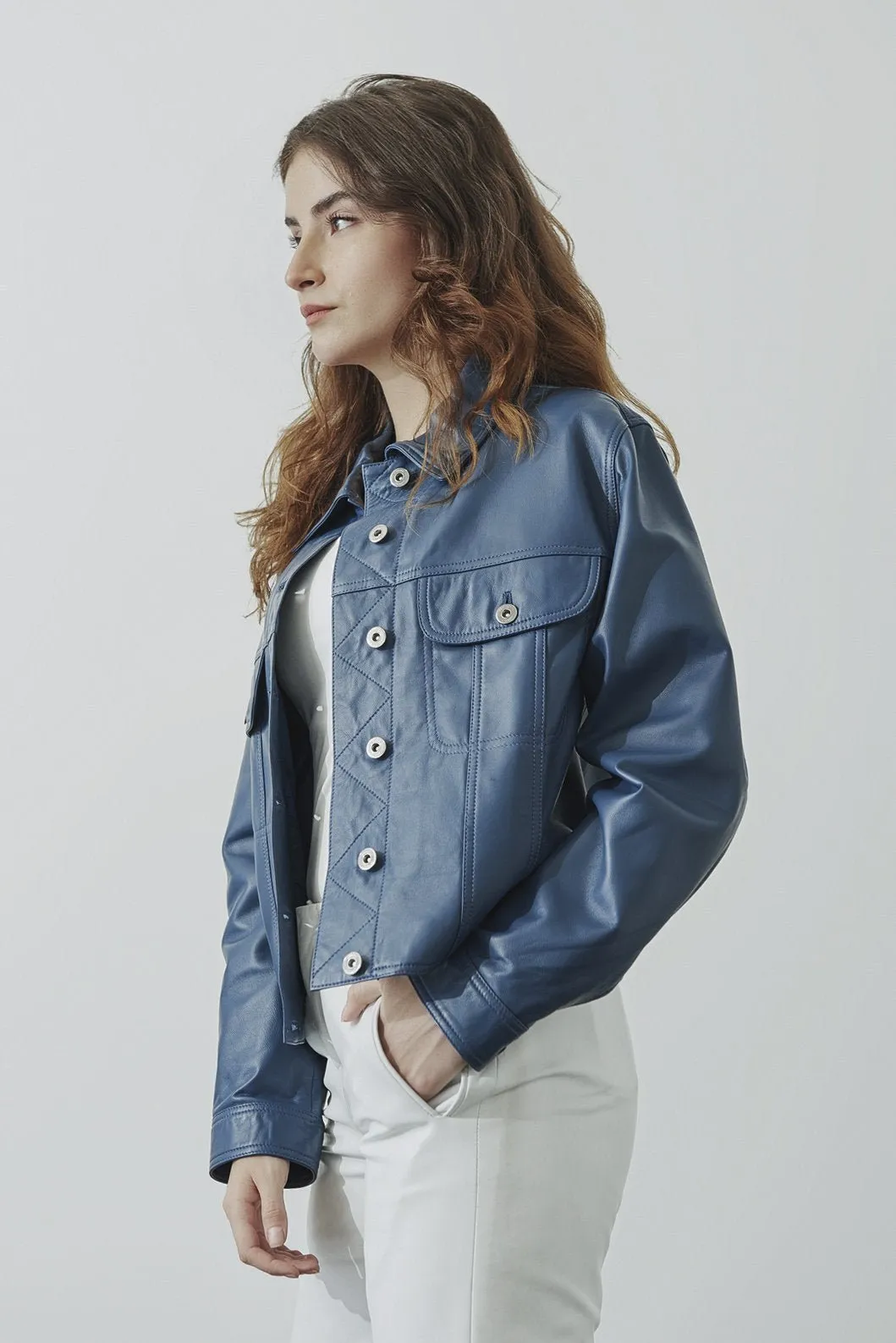 Blue Leather Jacket Set