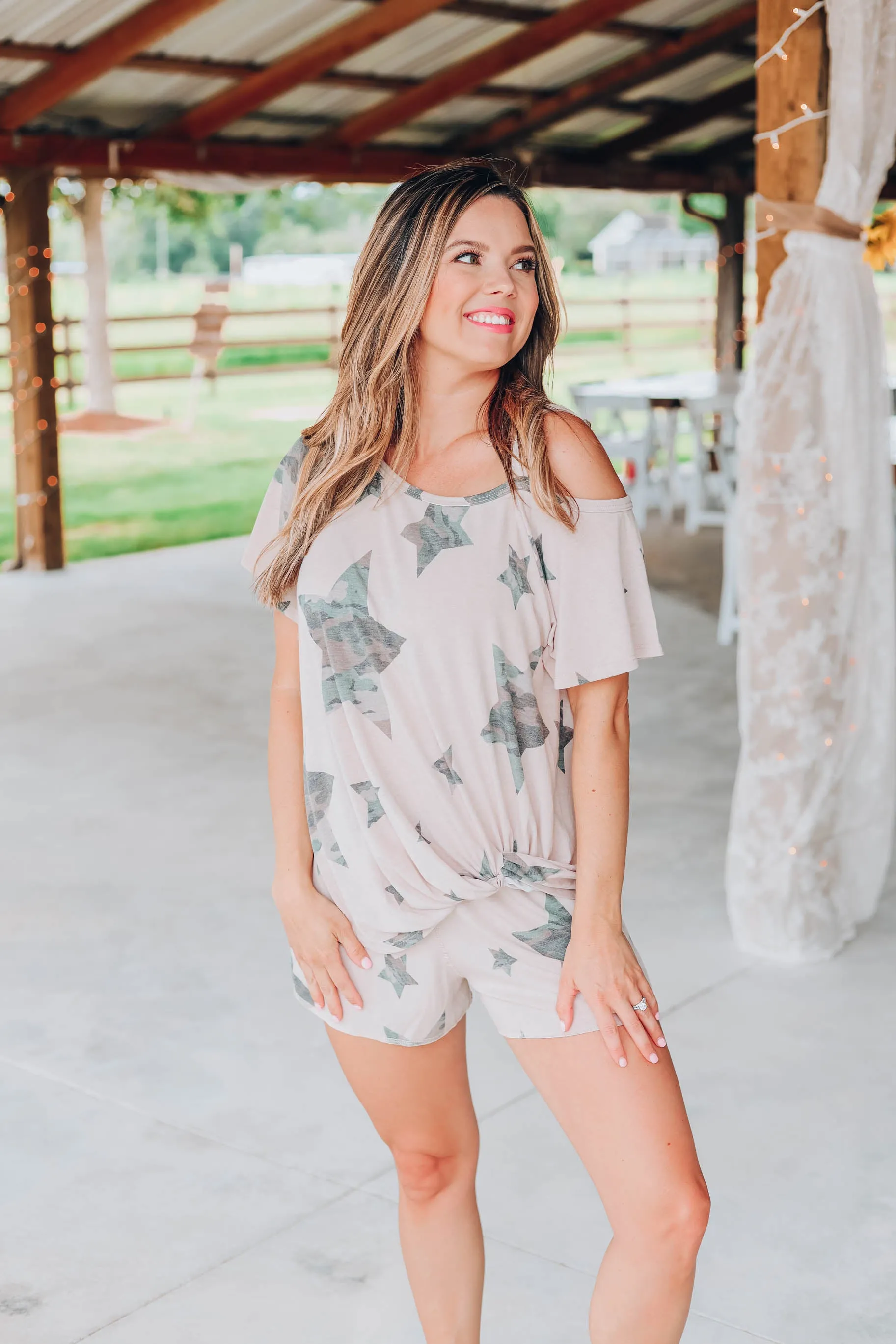 Catching Stars Camo Cold Shoulder Top