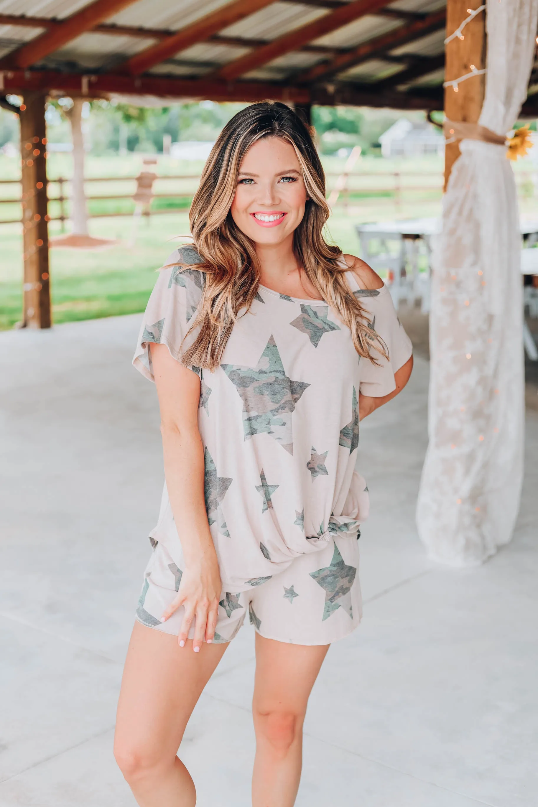 Catching Stars Camo Cold Shoulder Top