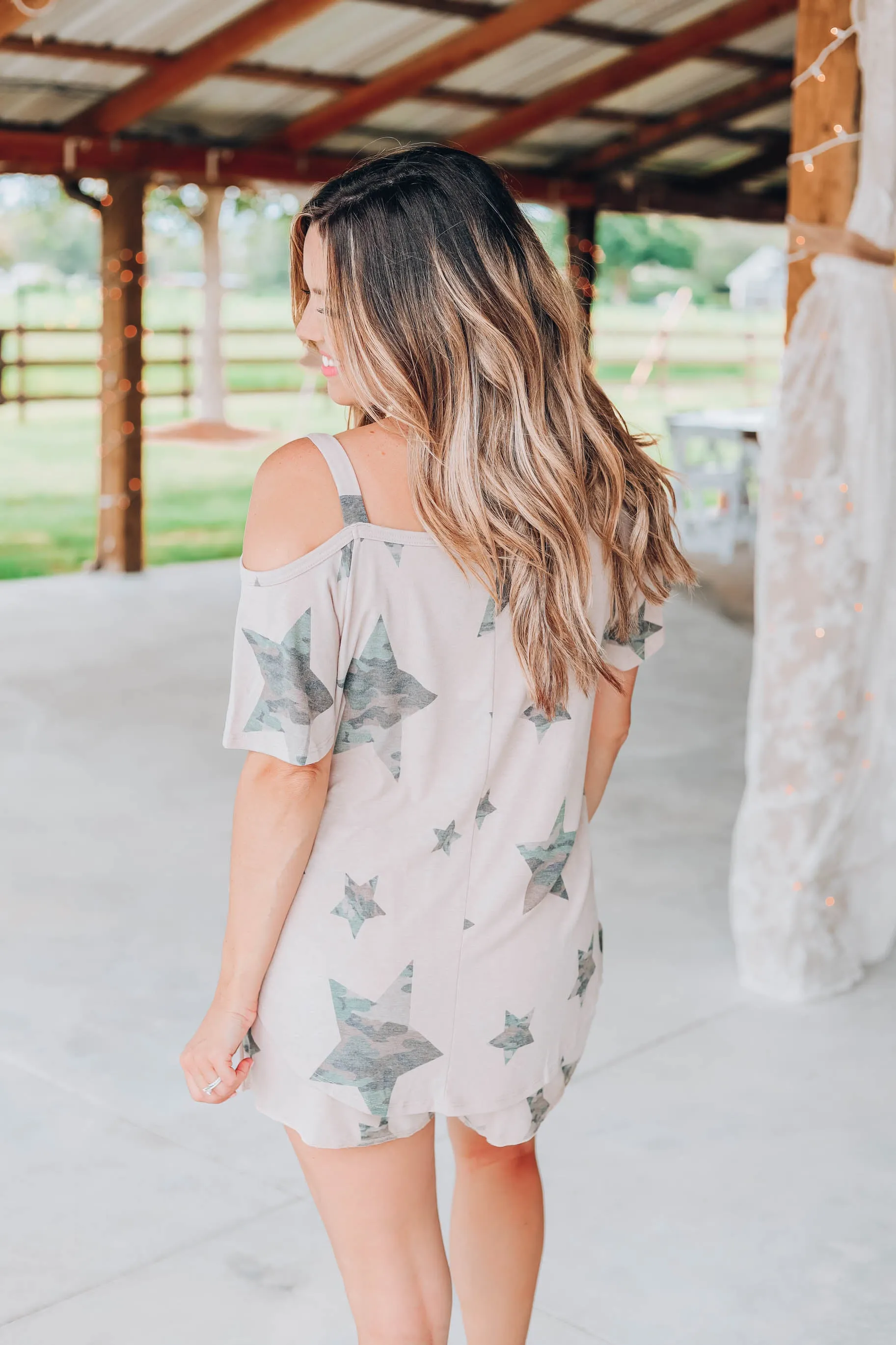 Catching Stars Camo Cold Shoulder Top