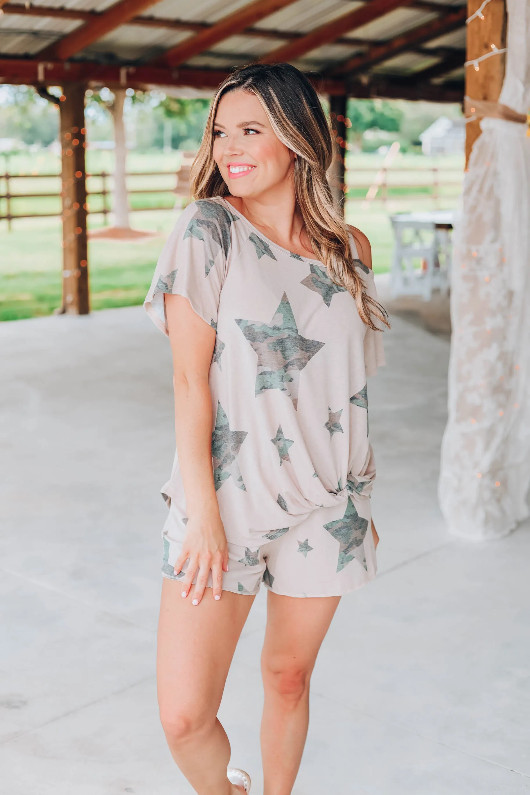 Catching Stars Camo Cold Shoulder Top