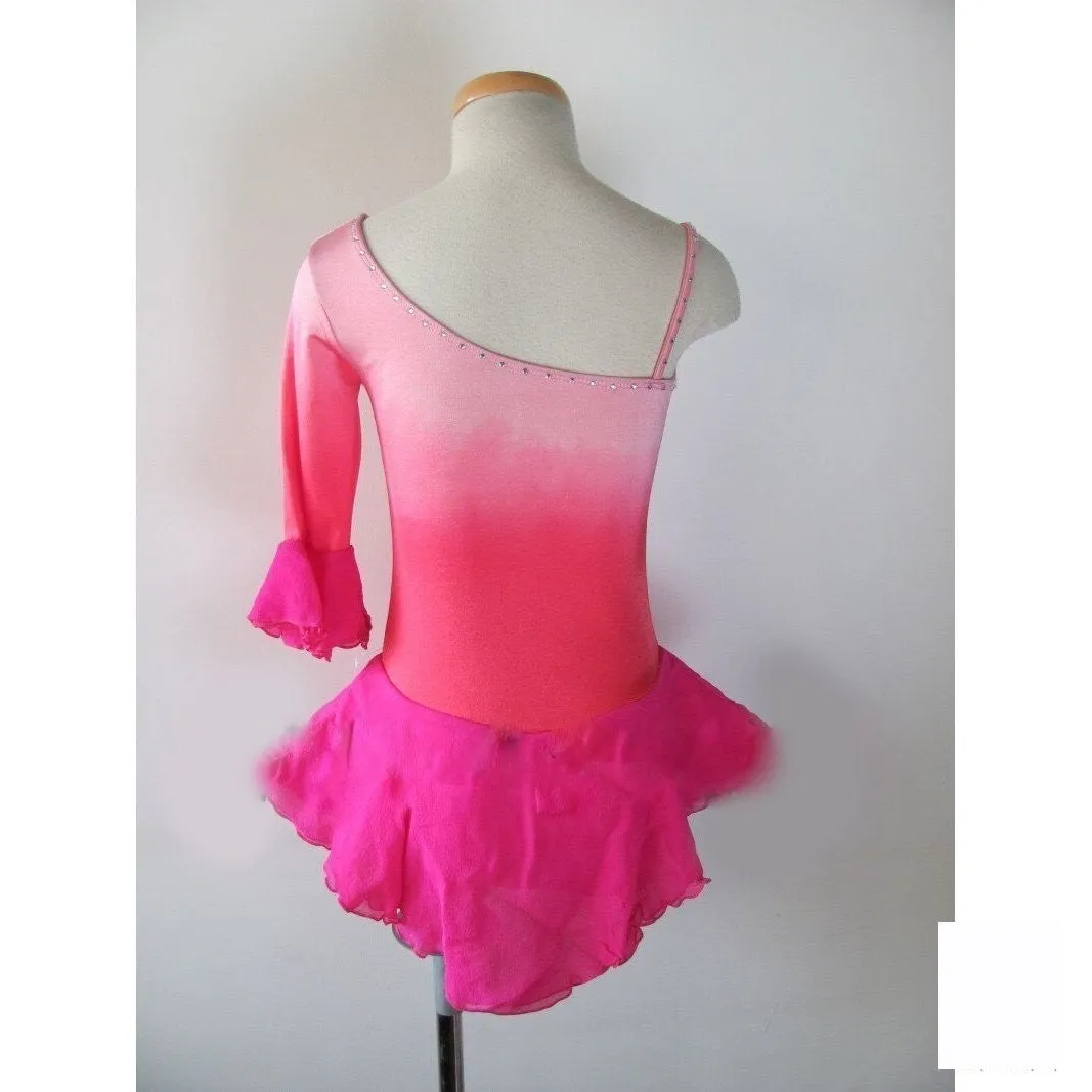 Competition Figure Skating Dress Orange Fuschia Ombre 1 Sleeve Crystals