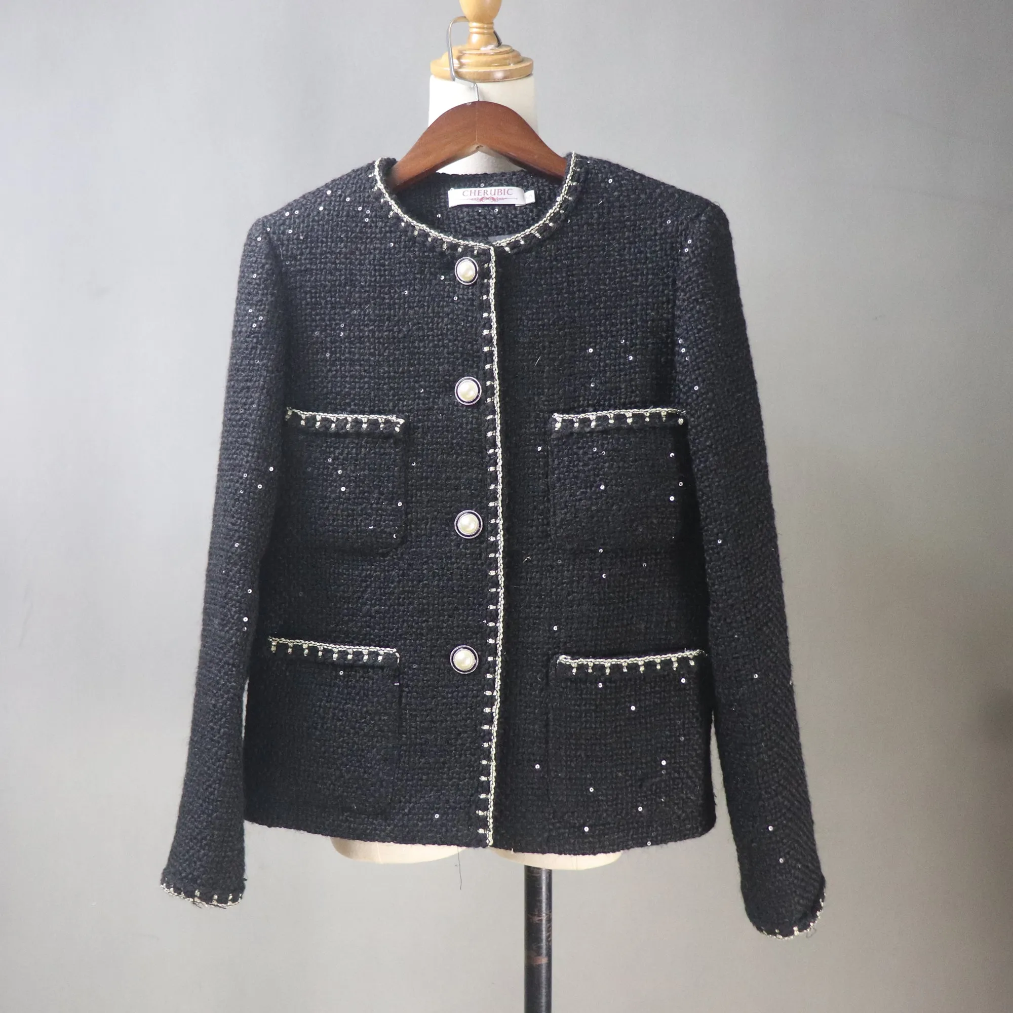 Custom Made Tweed Jacket Black With Sequinnes