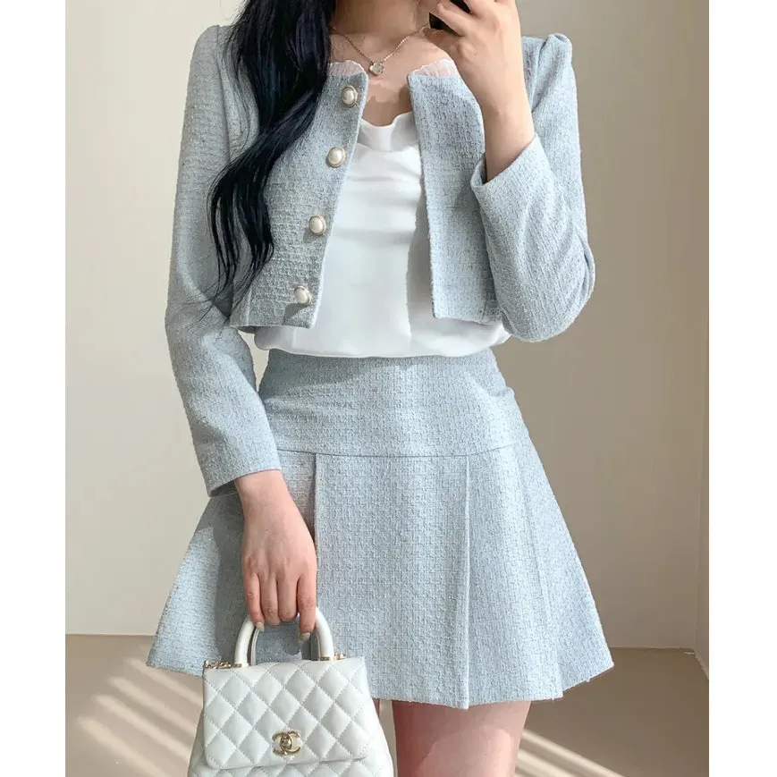 Fashionkova  drama dress to impress  Style Suit 2024 Autumn and Winter Korean Style Small round Neck Short Coat High Waist Slimming Pleated Skirt Two-Piece Set