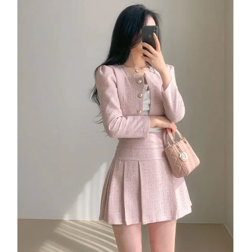 Fashionkova  drama dress to impress  Style Suit 2024 Autumn and Winter Korean Style Small round Neck Short Coat High Waist Slimming Pleated Skirt Two-Piece Set