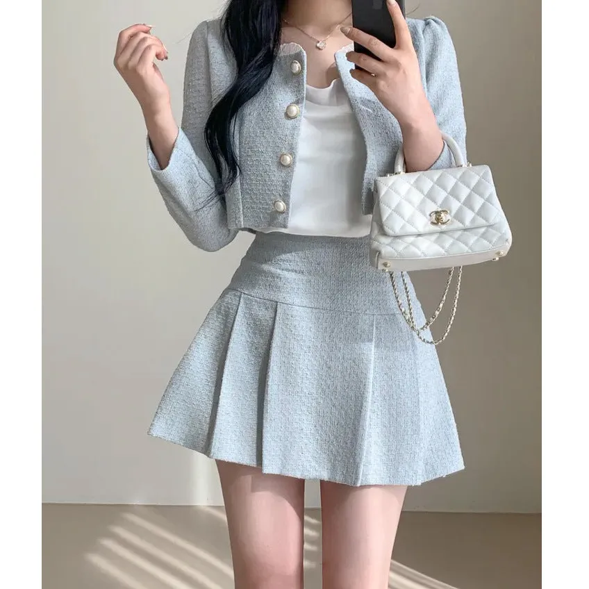 Fashionkova  drama dress to impress  Style Suit 2024 Autumn and Winter Korean Style Small round Neck Short Coat High Waist Slimming Pleated Skirt Two-Piece Set