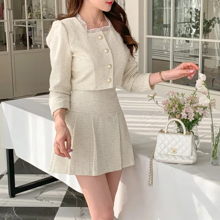 Fashionkova  drama dress to impress  Style Suit 2024 Autumn and Winter Korean Style Small round Neck Short Coat High Waist Slimming Pleated Skirt Two-Piece Set