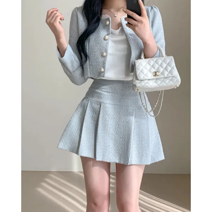 Fashionkova  drama dress to impress  Style Suit 2024 Autumn and Winter Korean Style Small round Neck Short Coat High Waist Slimming Pleated Skirt Two-Piece Set