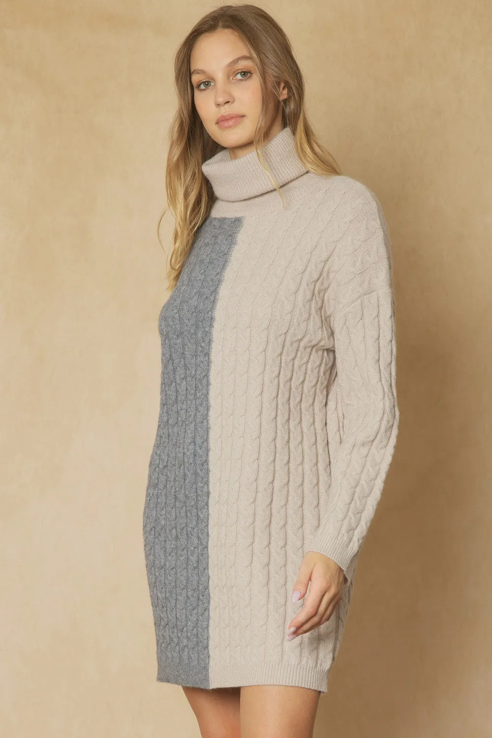 Grey/Cream Cable Knit Sweater Dress