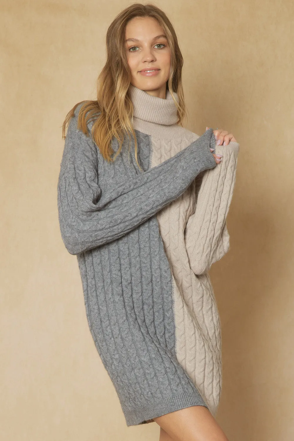 Grey/Cream Cable Knit Sweater Dress