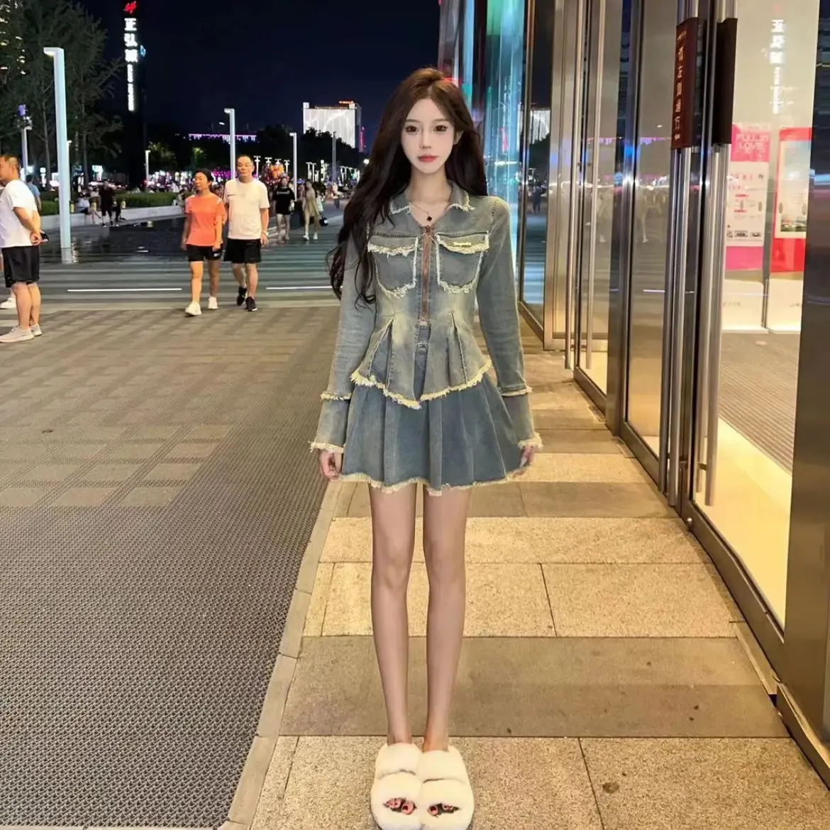New Spicy Girl Design Feeling Plush Edge Denim Coat Pleated A-line Skirt