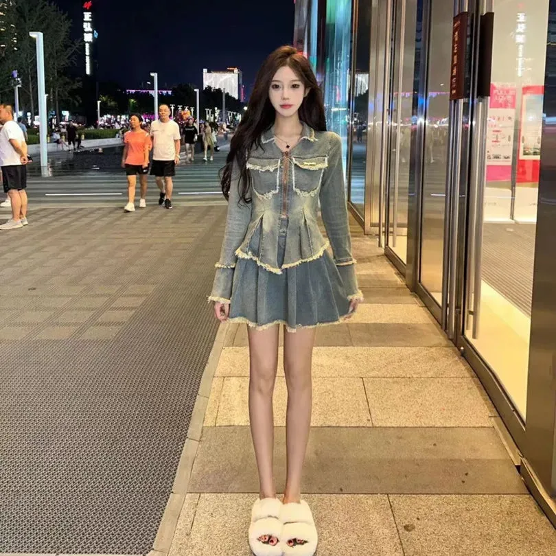 New Spicy Girl Design Feeling Plush Edge Denim Coat Pleated A-line Skirt