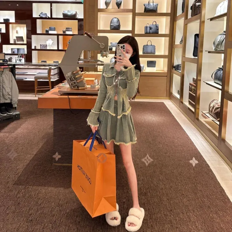 New Spicy Girl Design Feeling Plush Edge Denim Coat Pleated A-line Skirt