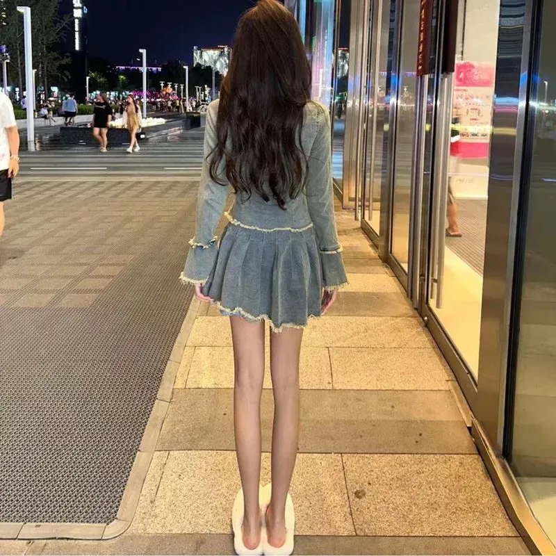 New Spicy Girl Design Feeling Plush Edge Denim Coat Pleated A-line Skirt