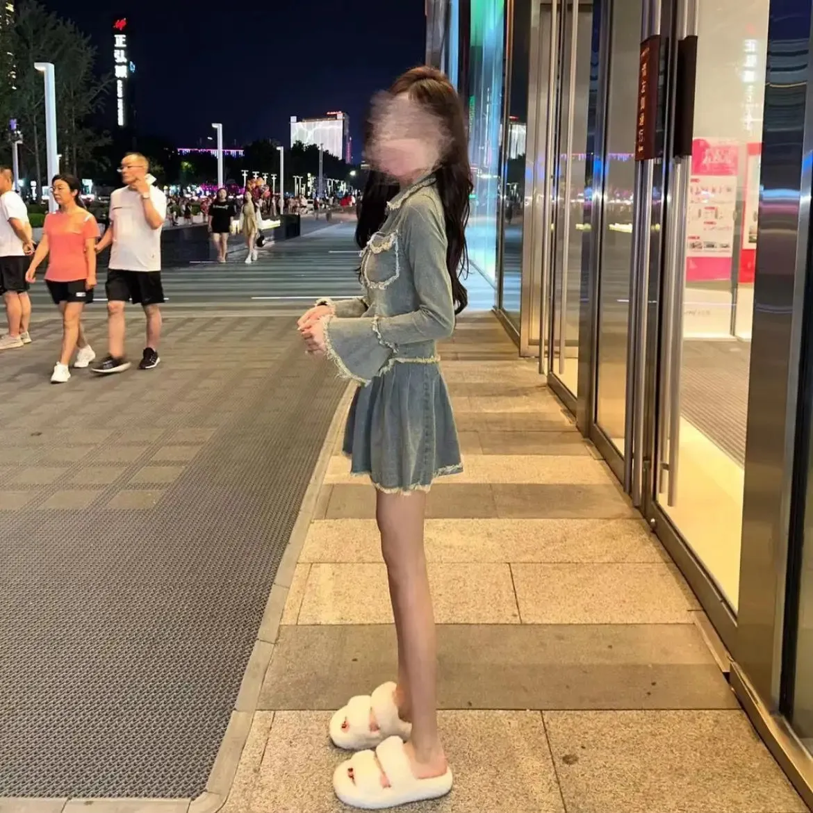 New Spicy Girl Design Feeling Plush Edge Denim Coat Pleated A-line Skirt