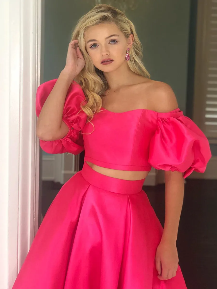 Off the Shoulder 2 Pieces Hot Pink Long Prom, Off Shoulder Hot Pink Formal, Hot Pink Evening