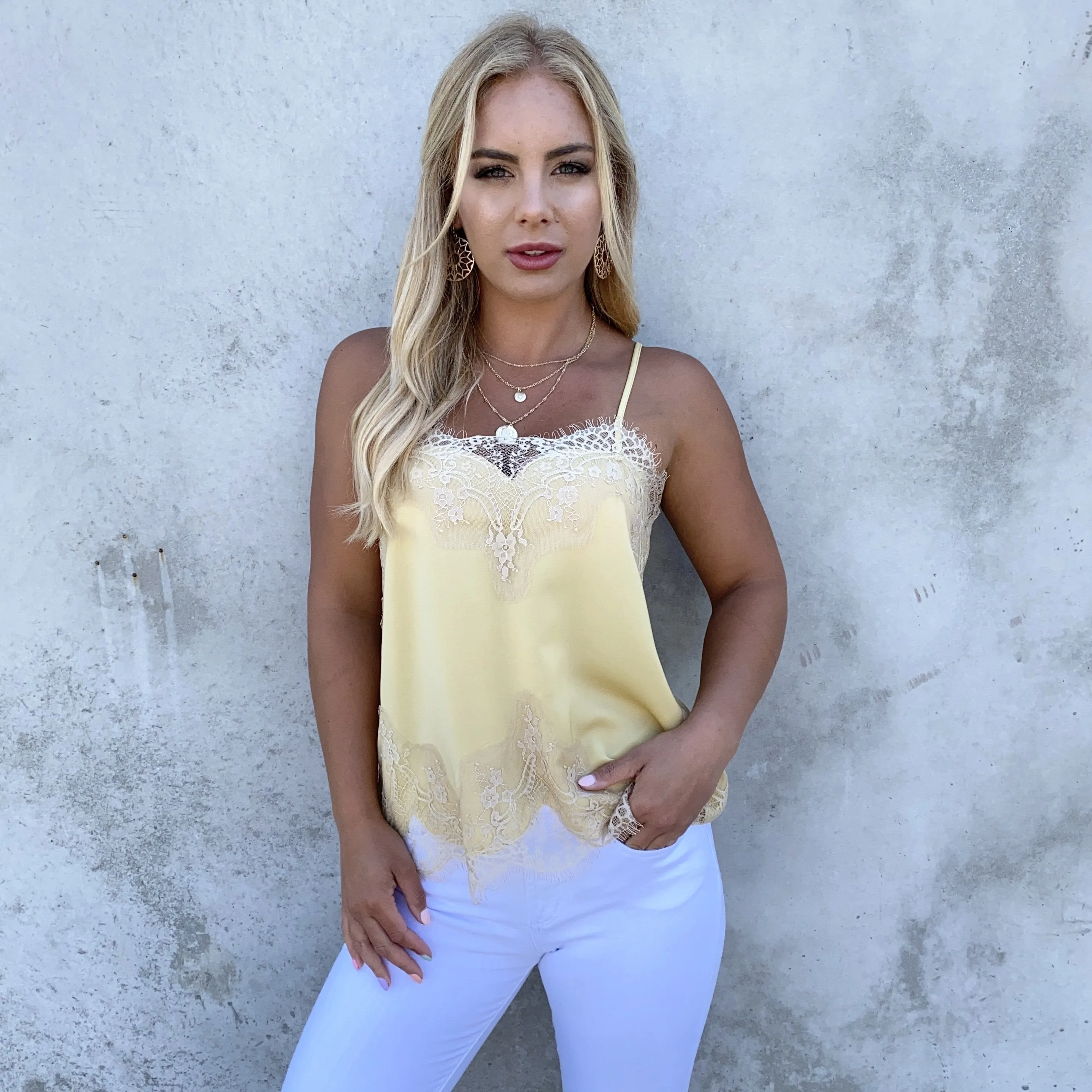 Place in Satin Camisole in Pale Yellow