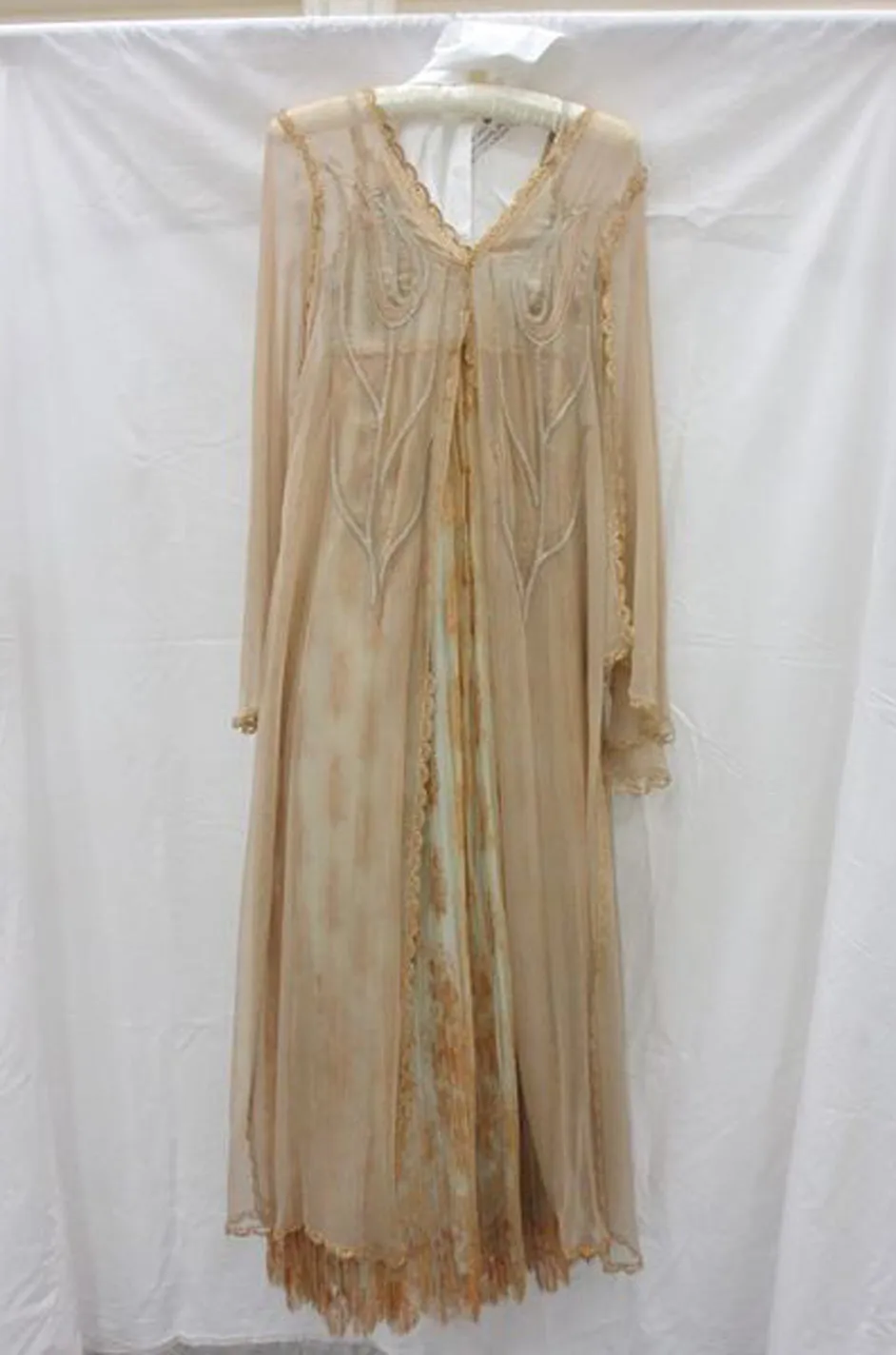 Prettiest 1977 Bill Gibb Couture Embroidered Gold Thread Net Dress w Long Jacket