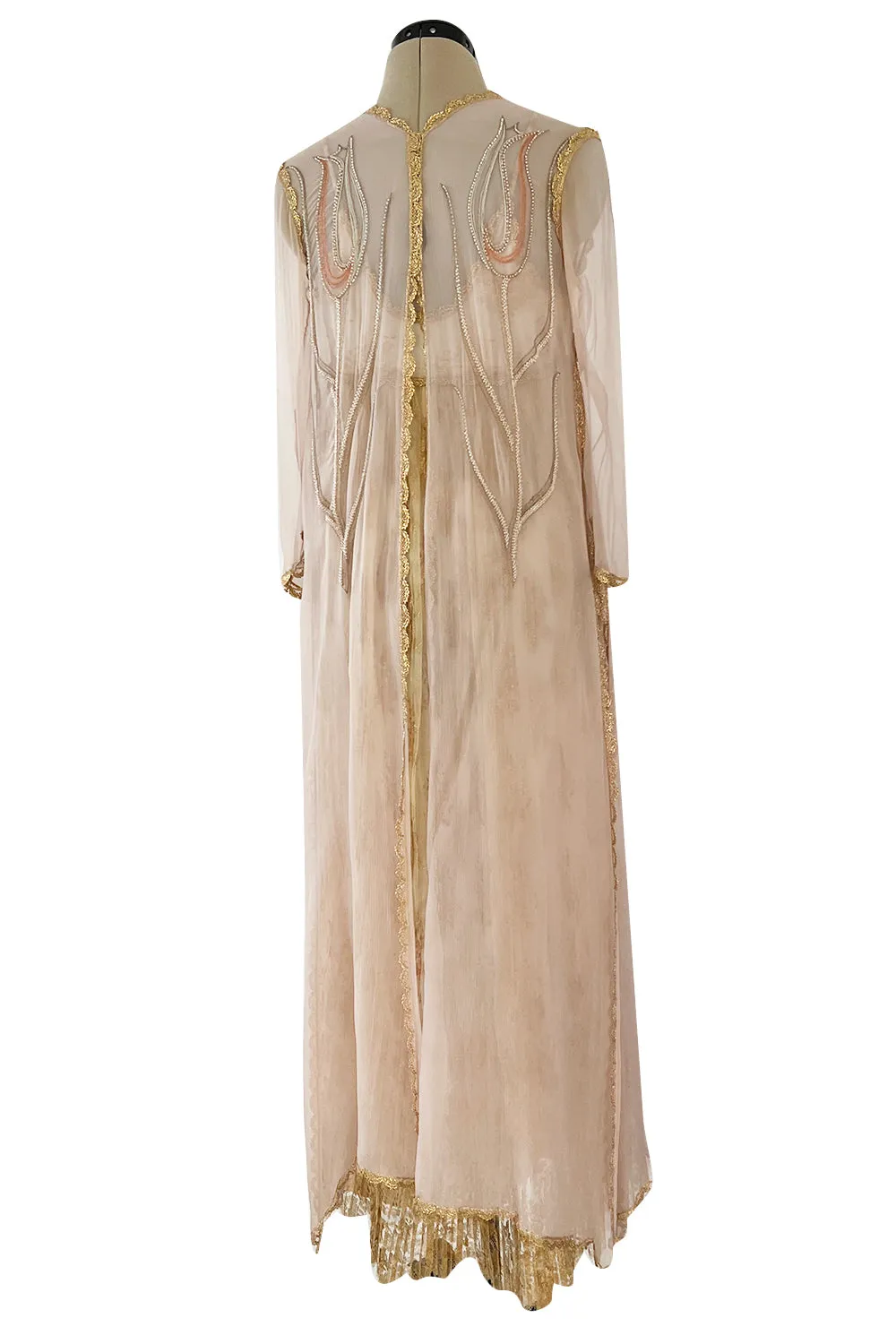 Prettiest 1977 Bill Gibb Couture Embroidered Gold Thread Net Dress w Long Jacket