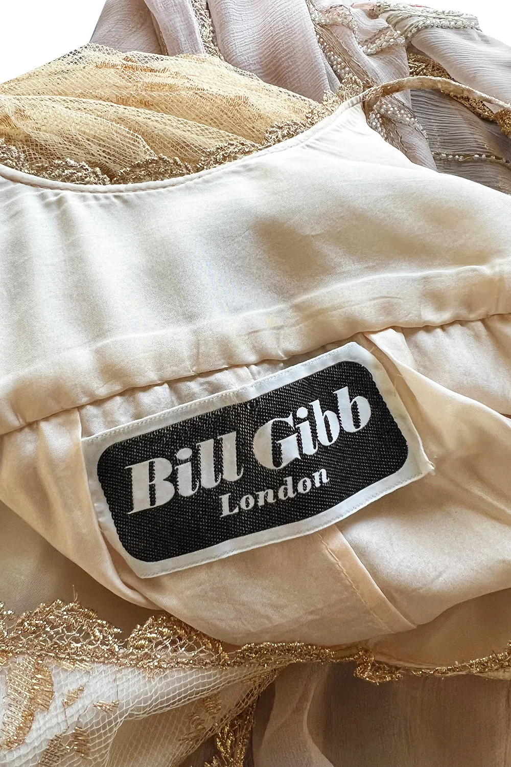 Prettiest 1977 Bill Gibb Couture Embroidered Gold Thread Net Dress w Long Jacket
