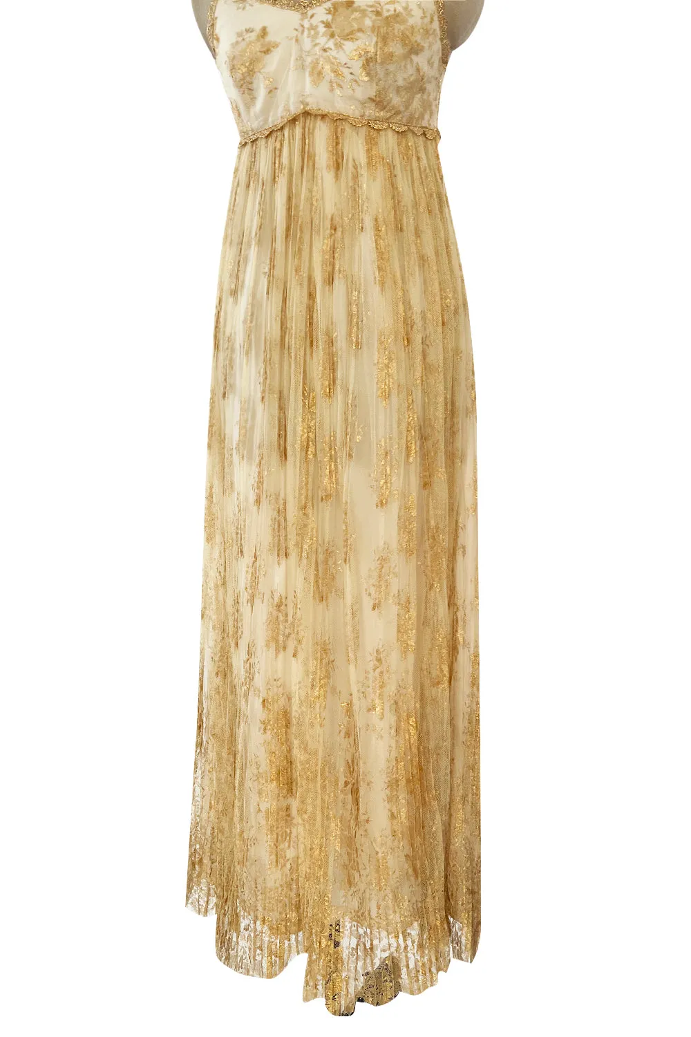 Prettiest 1977 Bill Gibb Couture Embroidered Gold Thread Net Dress w Long Jacket