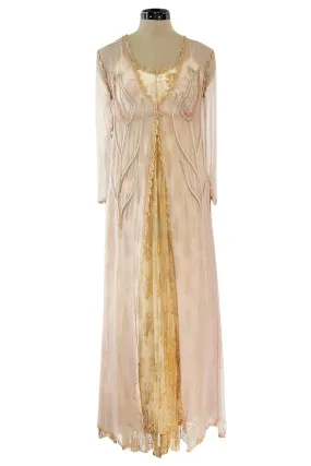 Prettiest 1977 Bill Gibb Couture Embroidered Gold Thread Net Dress w Long Jacket