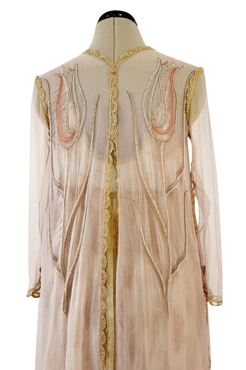 Prettiest 1977 Bill Gibb Couture Embroidered Gold Thread Net Dress w Long Jacket