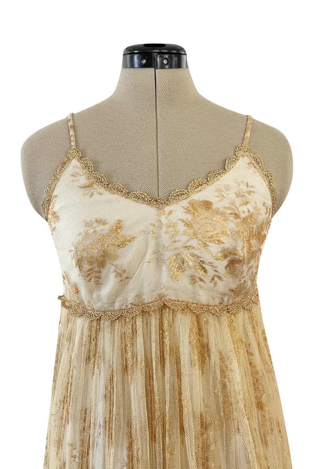 Prettiest 1977 Bill Gibb Couture Embroidered Gold Thread Net Dress w Long Jacket