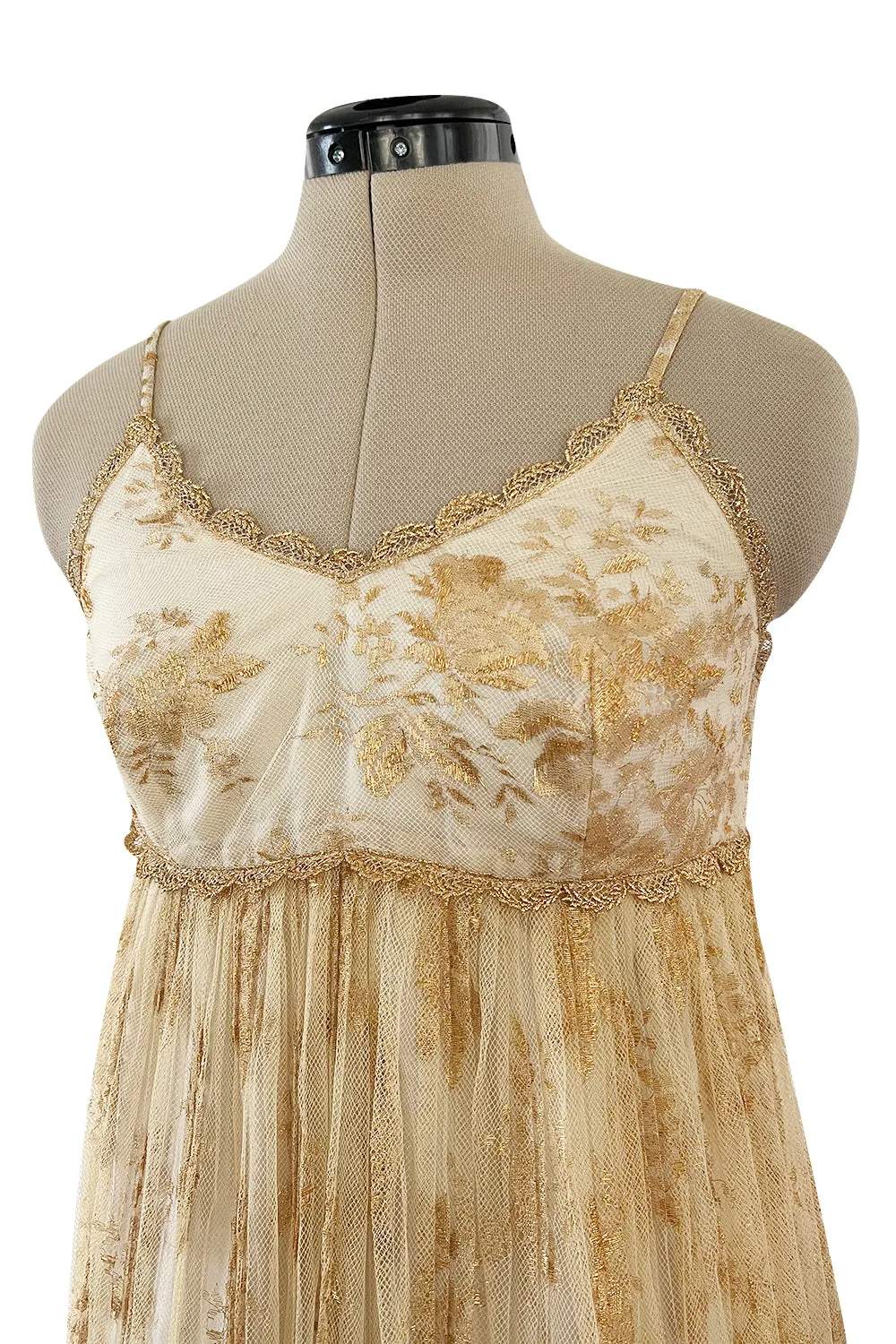 Prettiest 1977 Bill Gibb Couture Embroidered Gold Thread Net Dress w Long Jacket