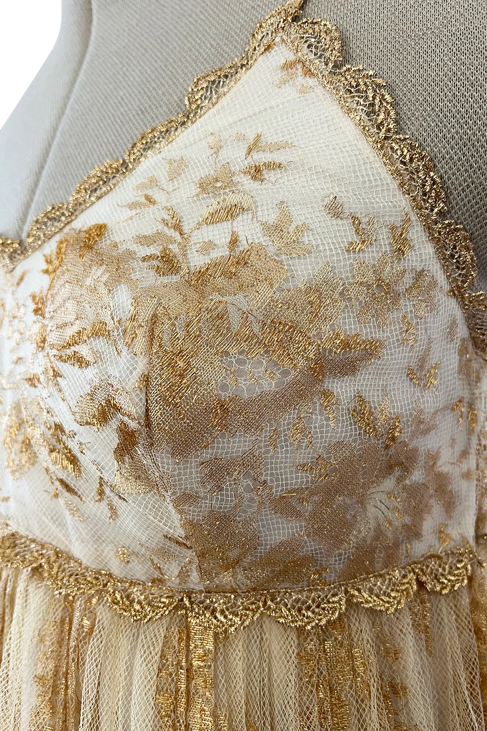 Prettiest 1977 Bill Gibb Couture Embroidered Gold Thread Net Dress w Long Jacket