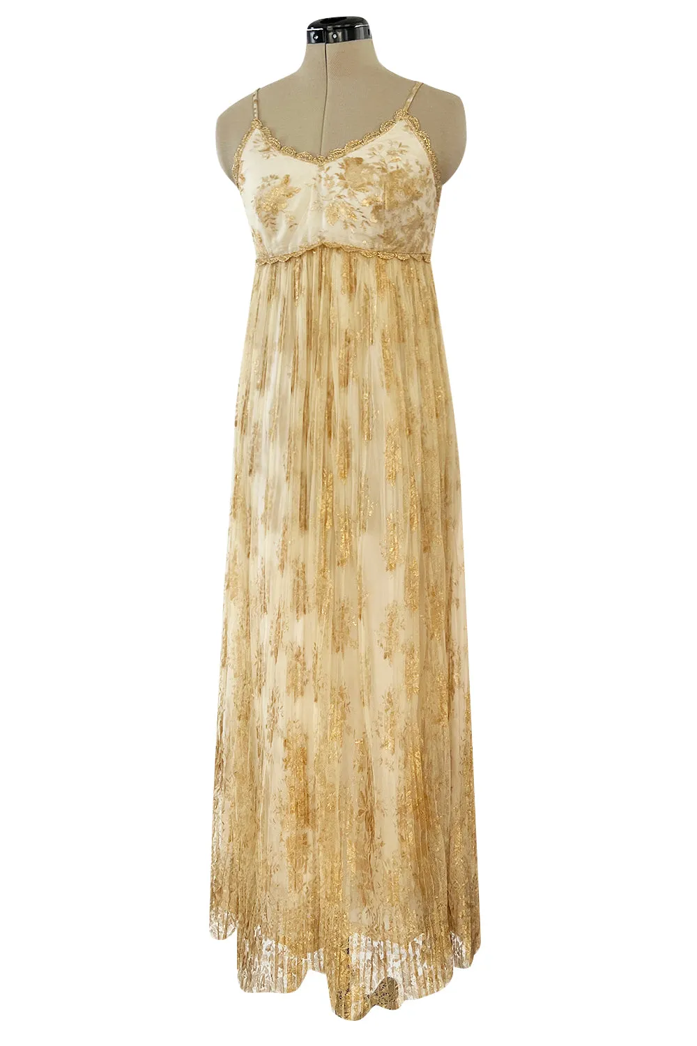 Prettiest 1977 Bill Gibb Couture Embroidered Gold Thread Net Dress w Long Jacket