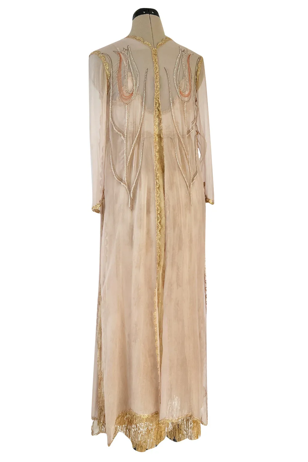 Prettiest 1977 Bill Gibb Couture Embroidered Gold Thread Net Dress w Long Jacket