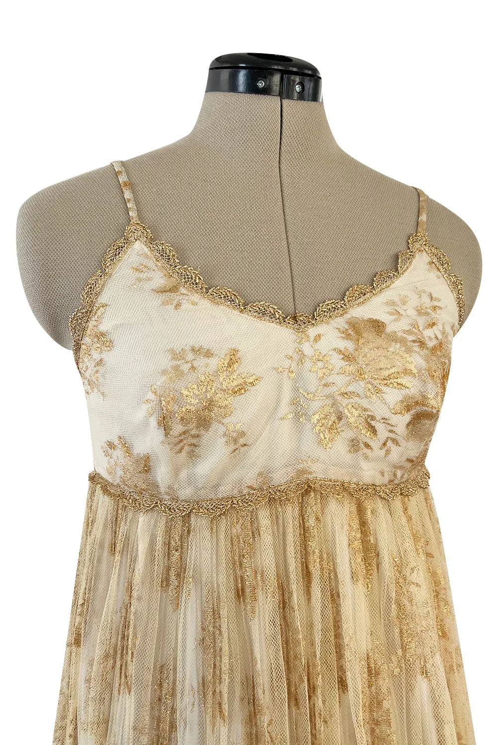 Prettiest 1977 Bill Gibb Couture Embroidered Gold Thread Net Dress w Long Jacket