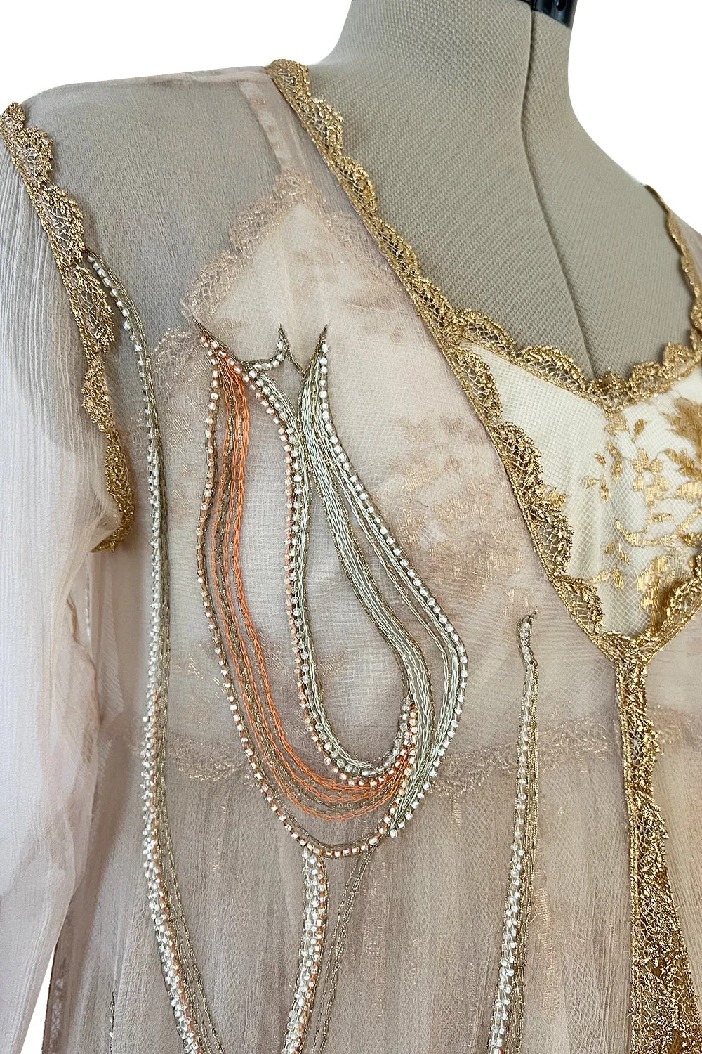 Prettiest 1977 Bill Gibb Couture Embroidered Gold Thread Net Dress w Long Jacket