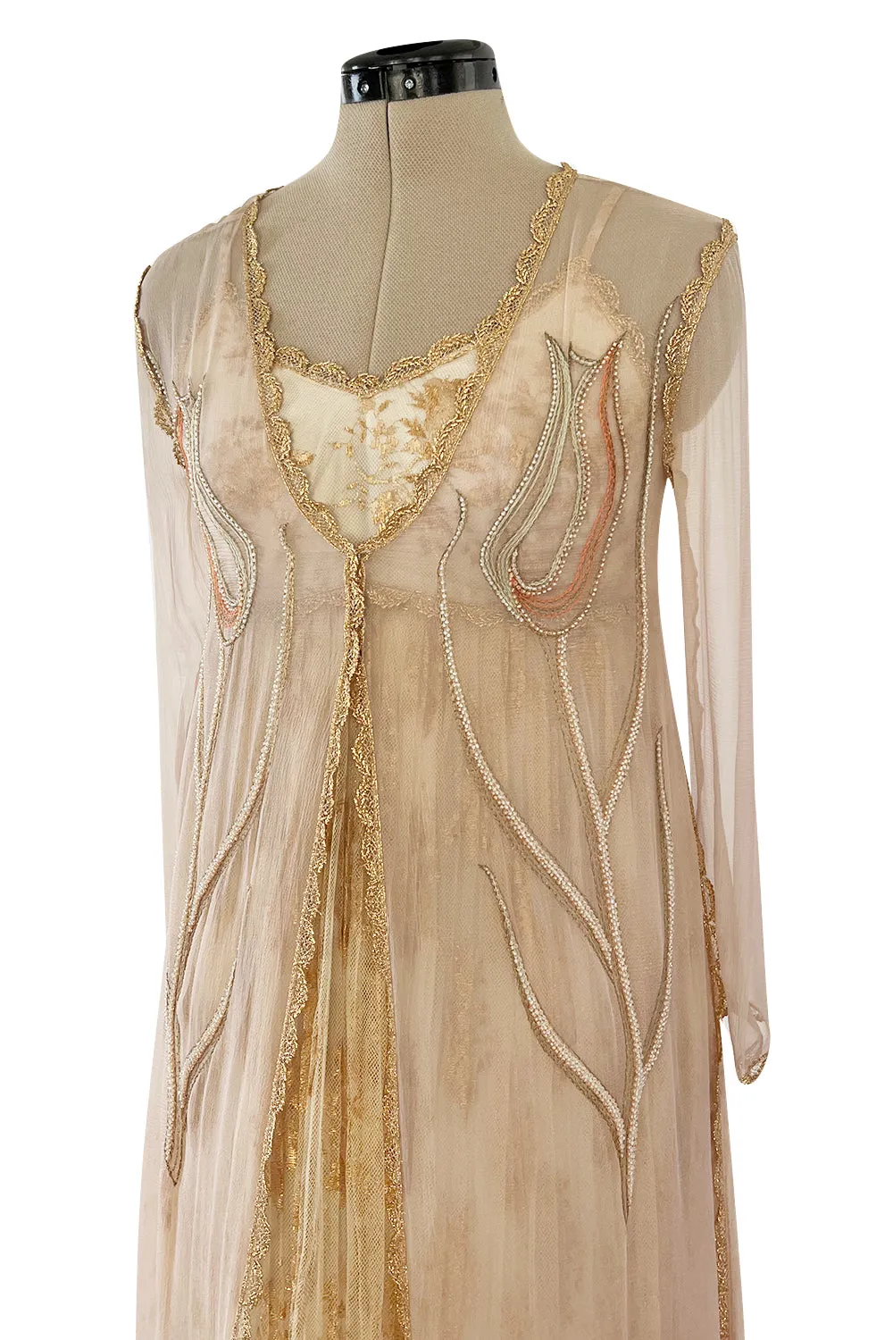 Prettiest 1977 Bill Gibb Couture Embroidered Gold Thread Net Dress w Long Jacket