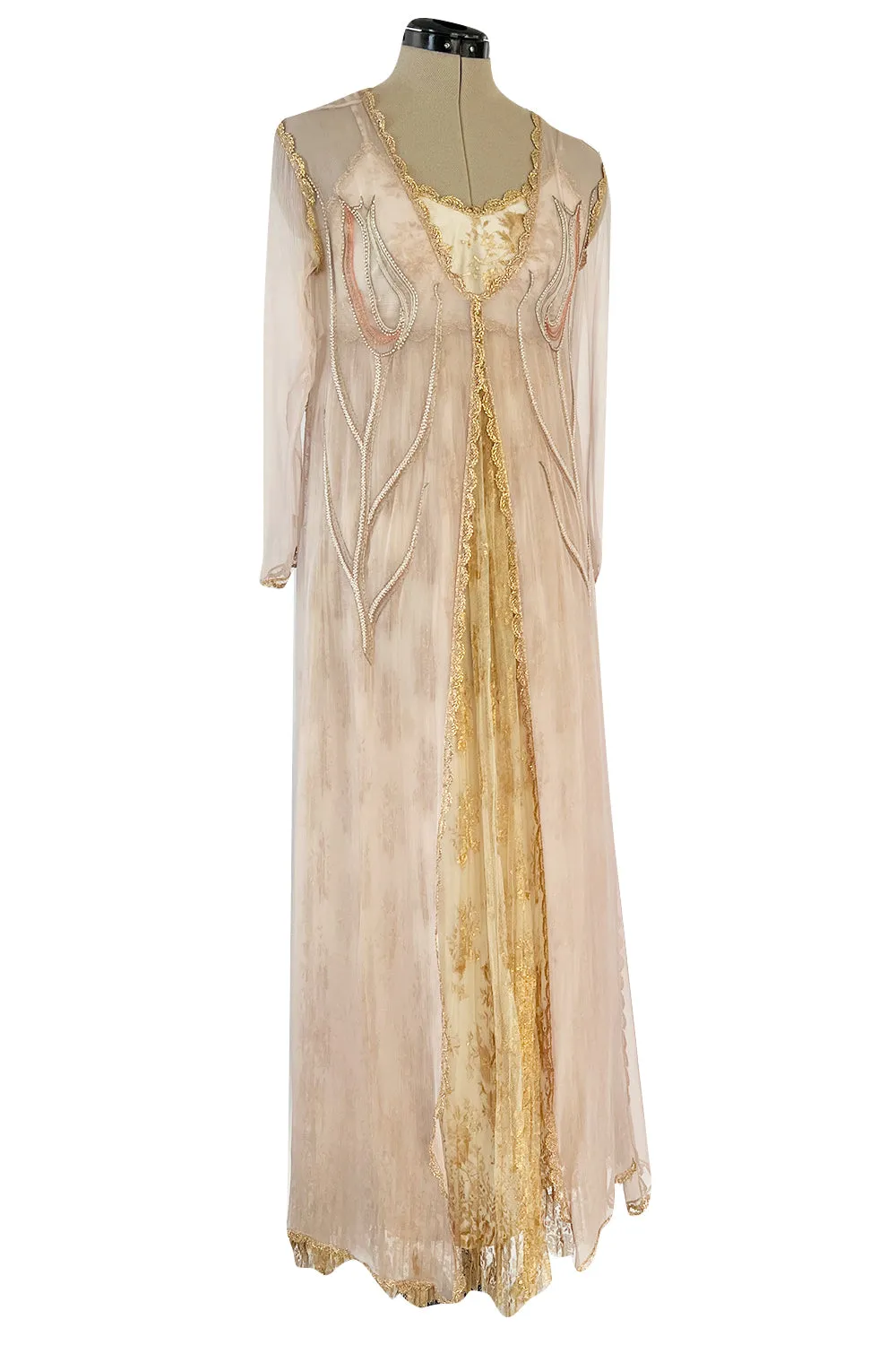 Prettiest 1977 Bill Gibb Couture Embroidered Gold Thread Net Dress w Long Jacket