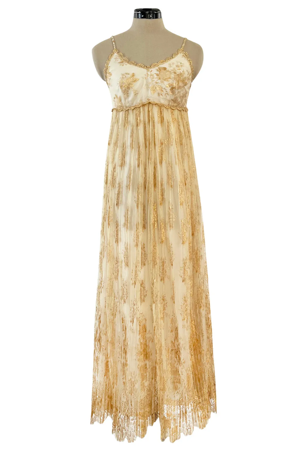 Prettiest 1977 Bill Gibb Couture Embroidered Gold Thread Net Dress w Long Jacket