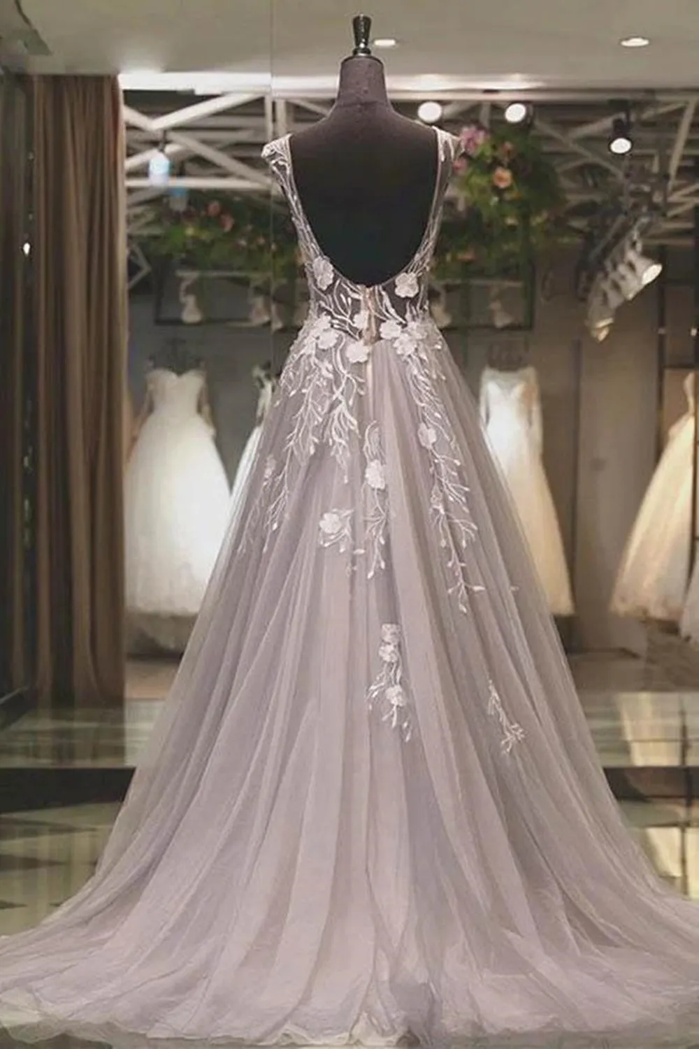 Round Neck Backless Grey Lace Floral Long Prom, Backless Gray Formal, 3D Flower Gray Evening