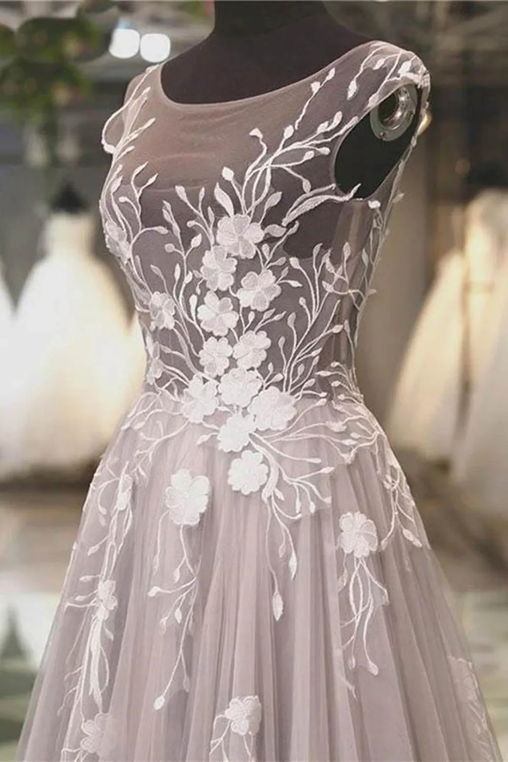 Round Neck Backless Grey Lace Floral Long Prom, Backless Gray Formal, 3D Flower Gray Evening