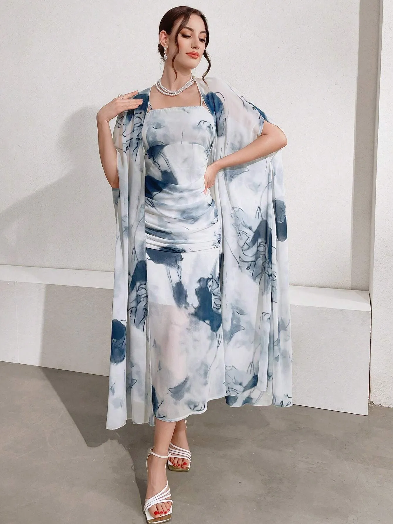 SHEIN Modely Women's Ink Printed Spaghetti Strap Dress And Jacket Two Piece Set